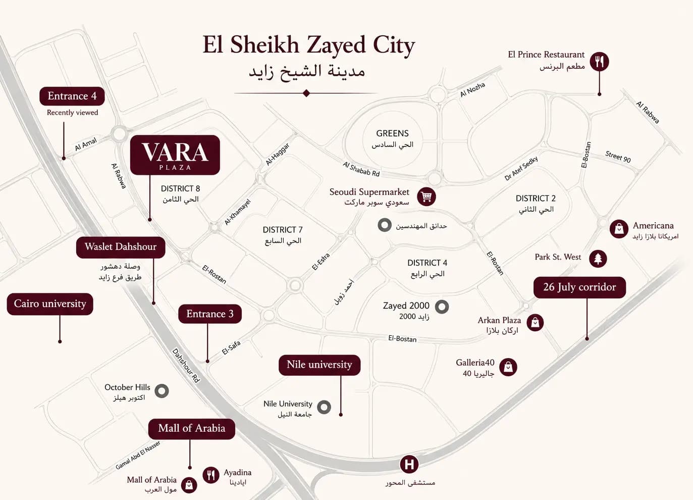 Orientation map of Sheikh Zayed showing VARA Plaza on El Bostan Street relative to the district's main entrances and corridors.