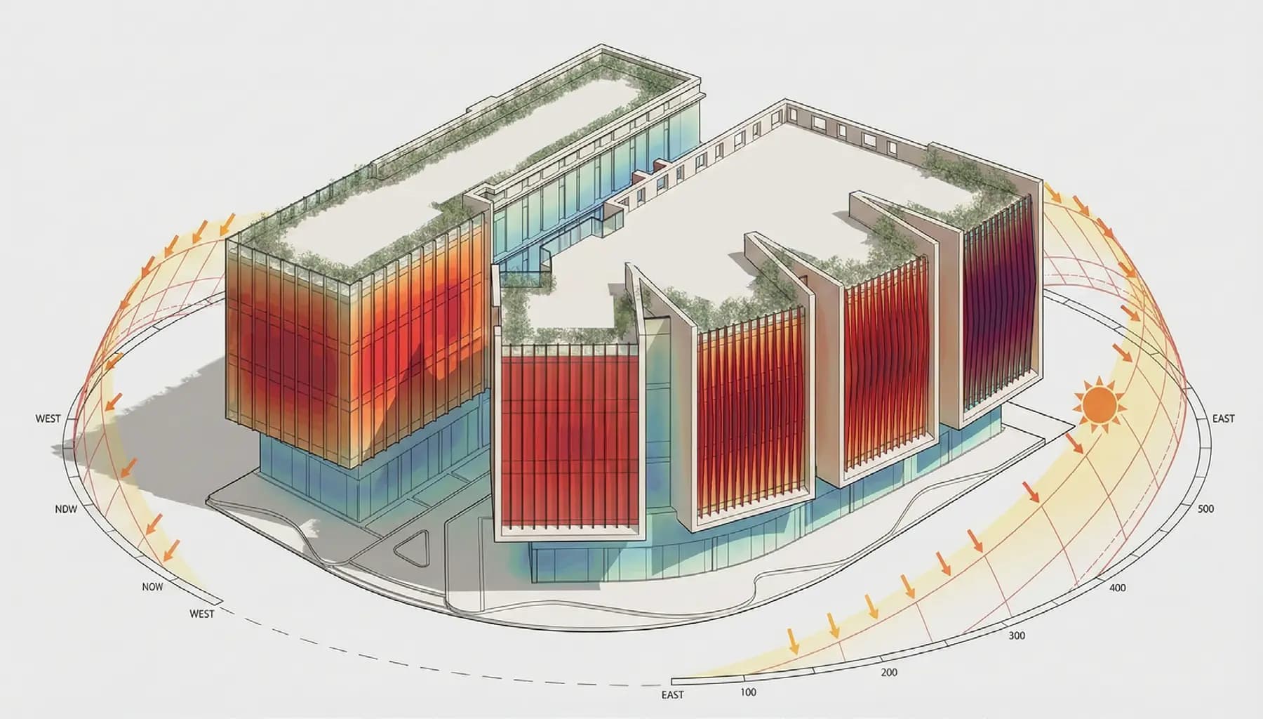 Solar shading diagram showing how VARA Plaza's red vertical fins control sunlight across the facade through the day.