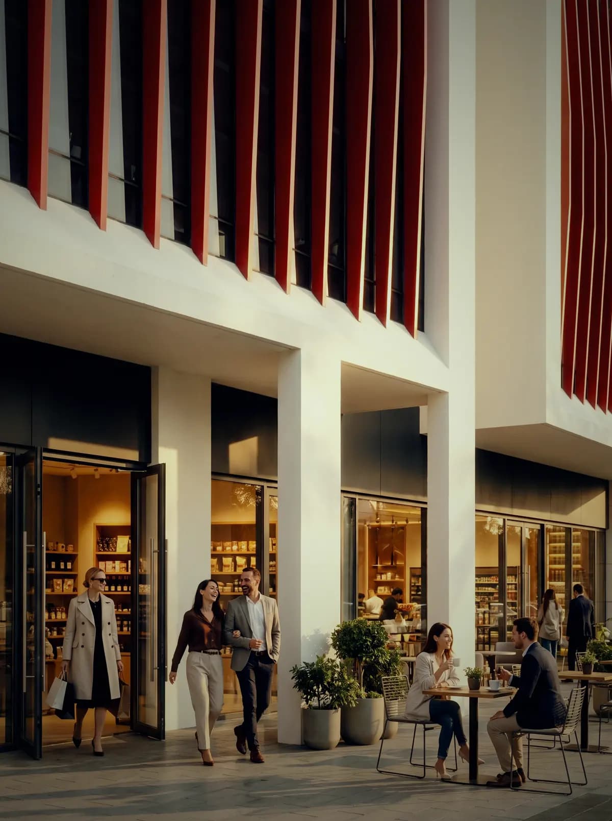 Shoppers on the ground-level terrace at VARA Plaza, the red fins rising behind the shopfronts.