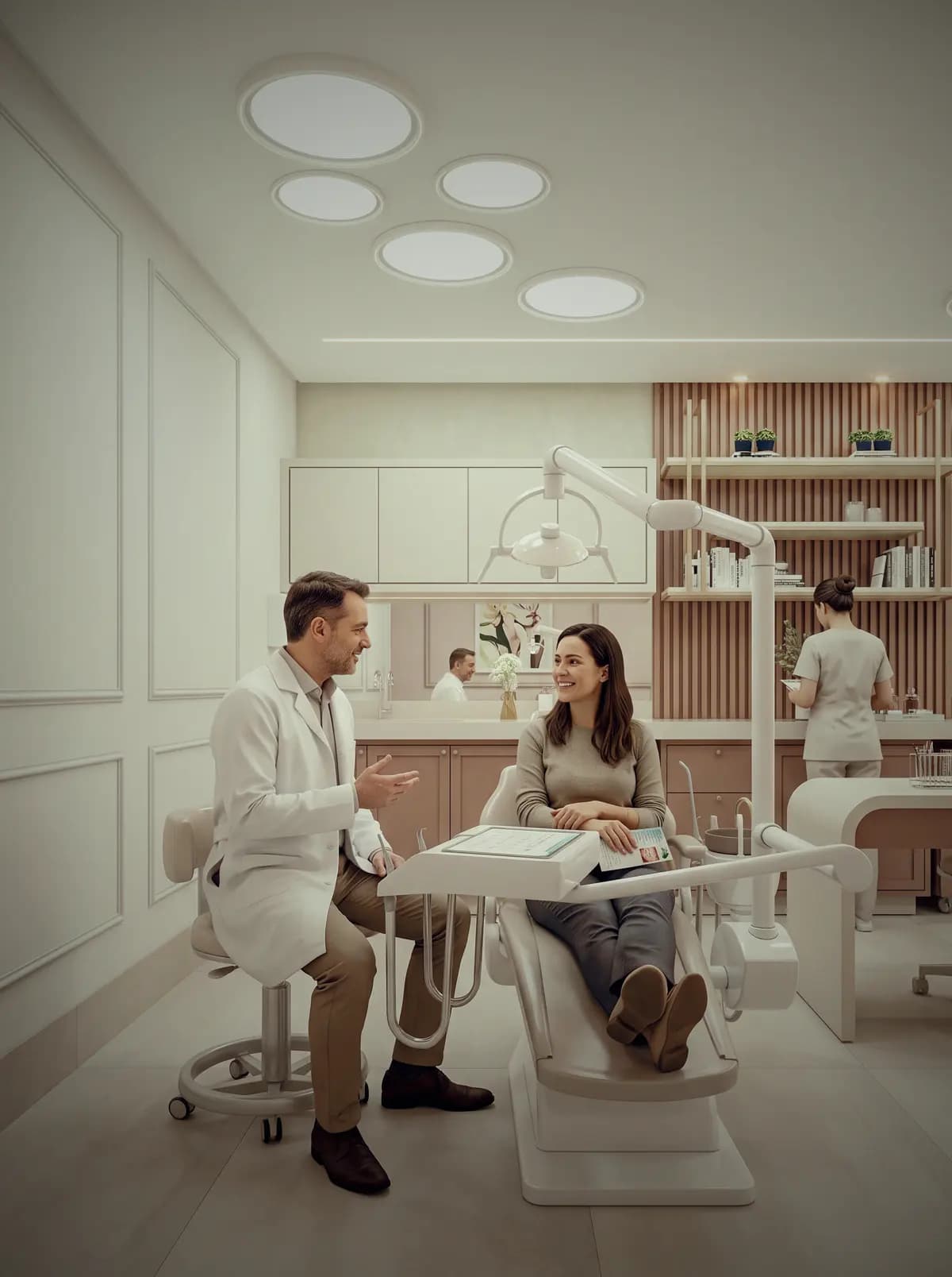 A bright clinical reception at VARA Plaza, daylight filtered through the fin-shaded facade.