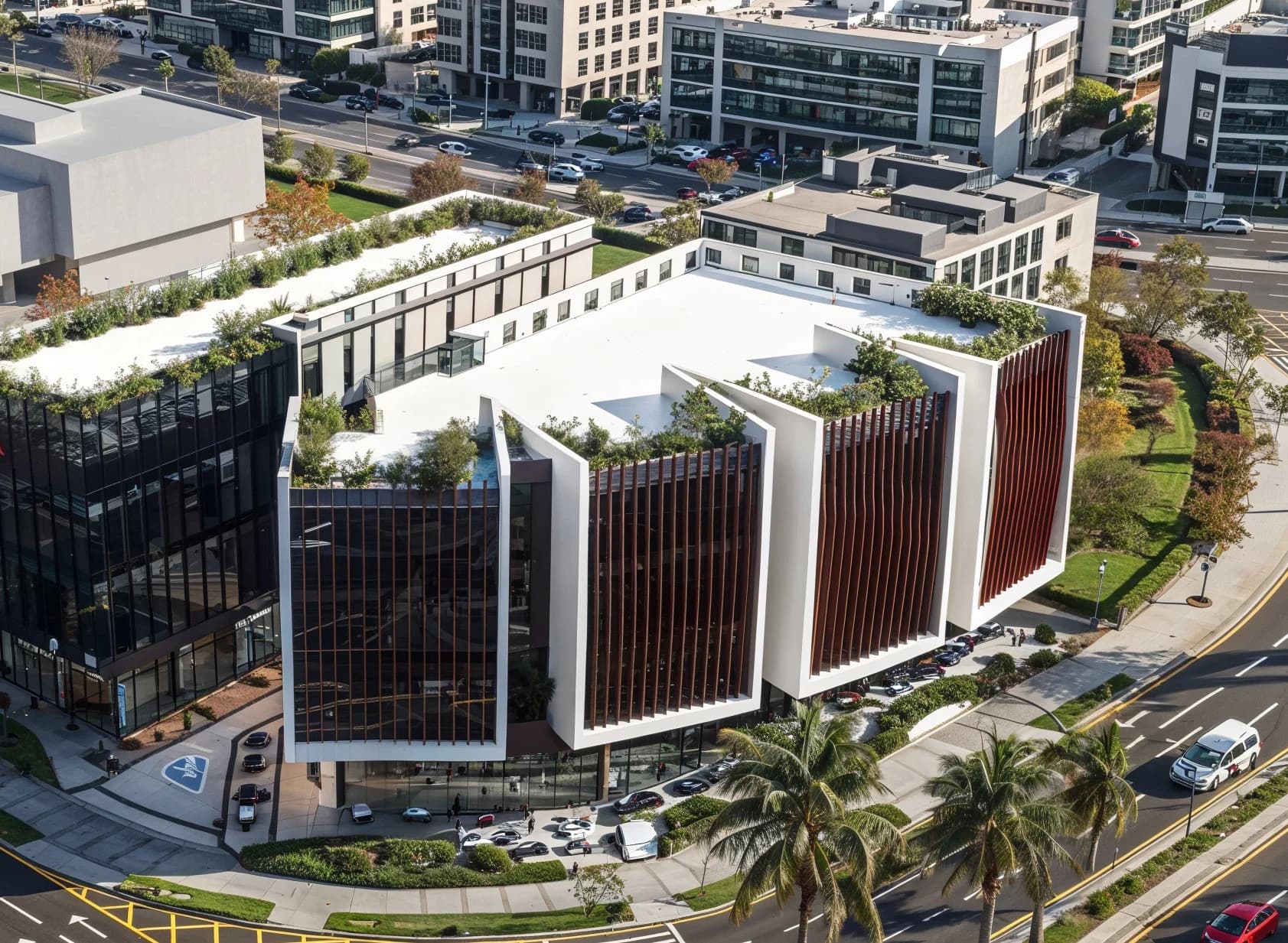 Aerial view of VARA Plaza, showing the red fin arrays and planted roof terraces.